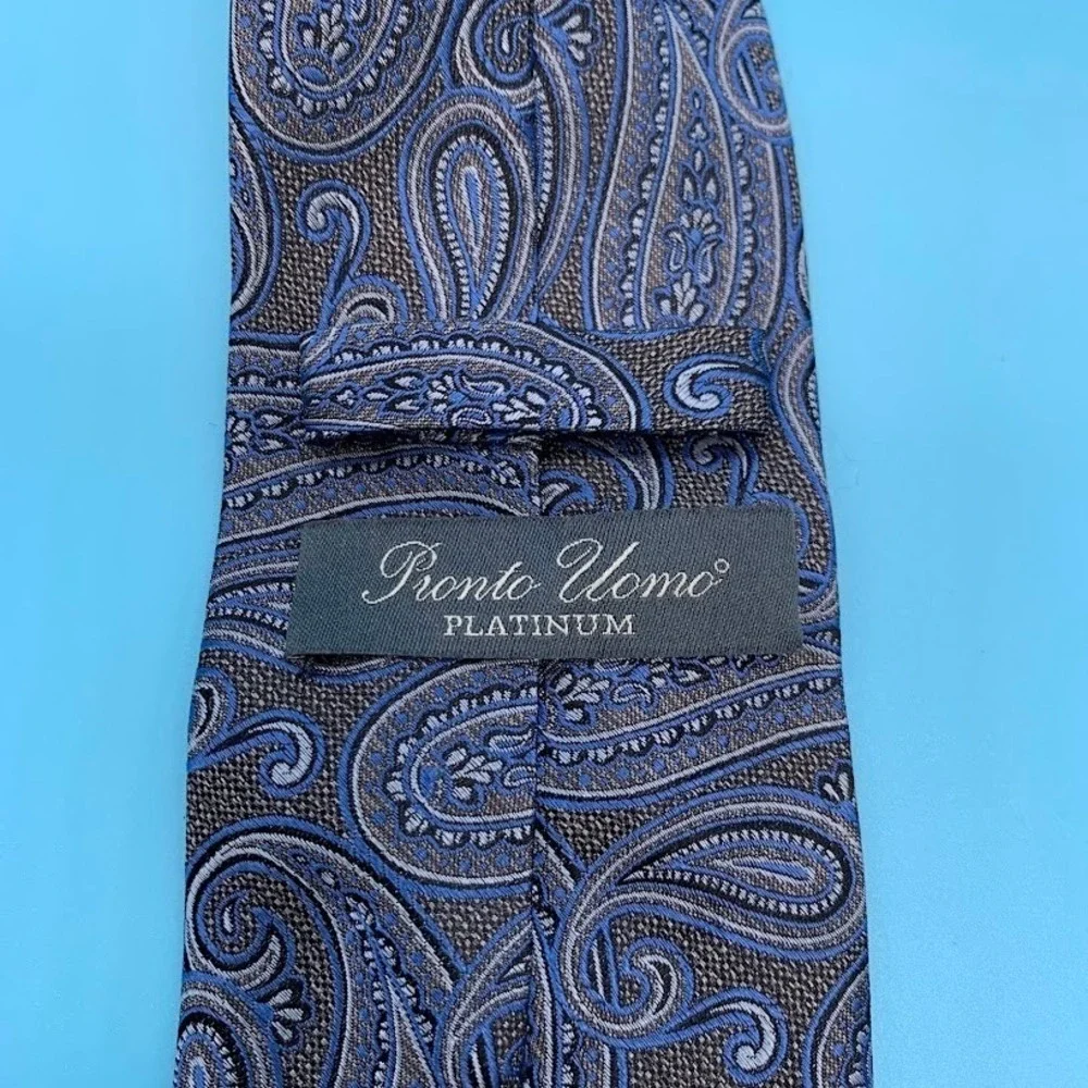 Pronto Uomo Platinum Blue Paisley 100% Silk Luxury Men's Classic Neck Tie